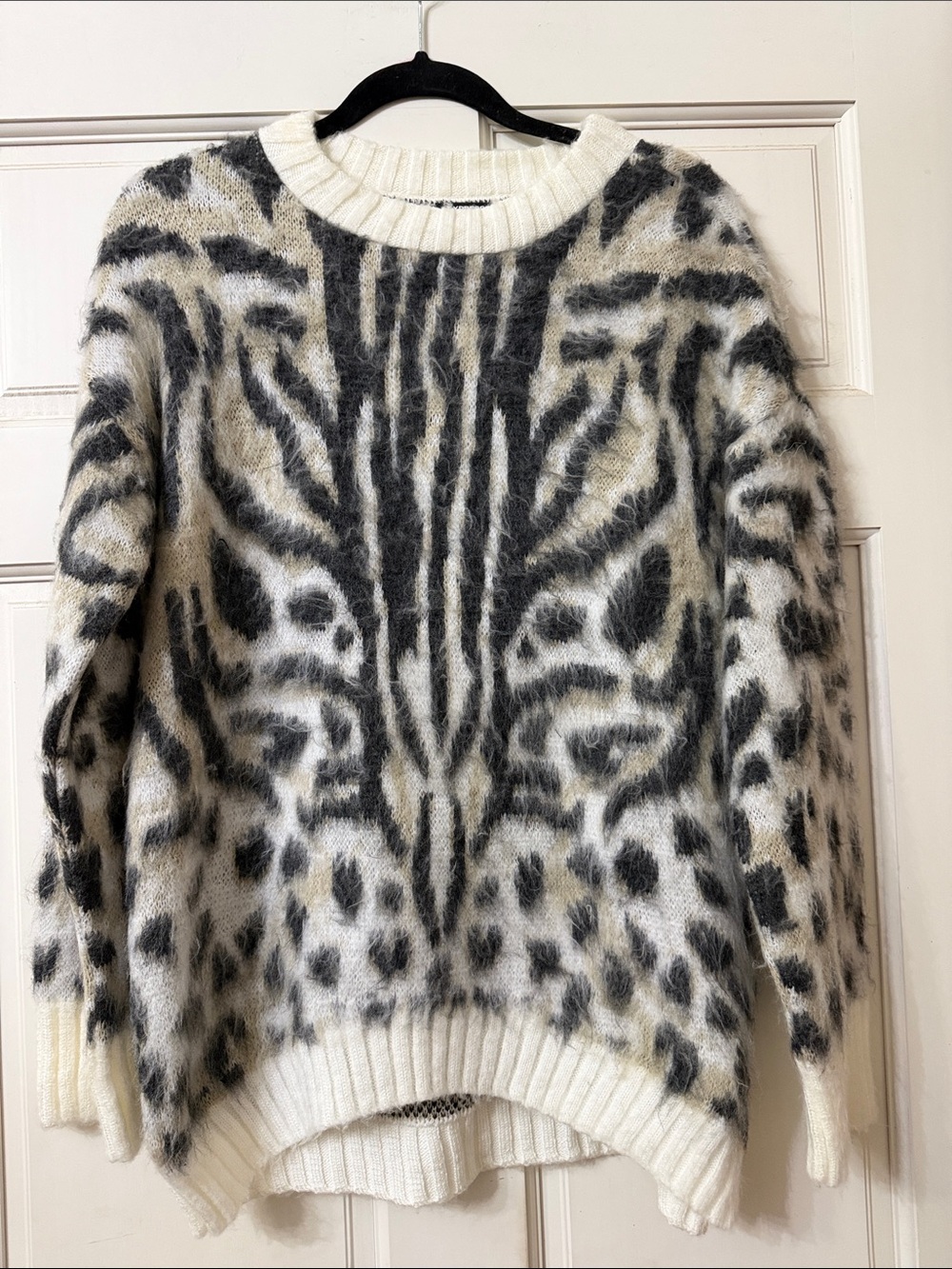 Express Ivory and Charcoal Animal-Print Crewneck Sweater